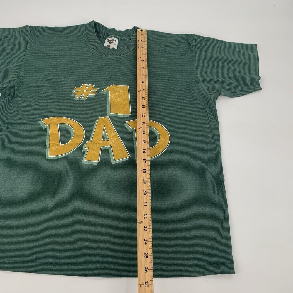 Vintage 1980s #1 Dad Short Sleeve Striped T-Shirt Size Large Mens Green Yellow L - Picture 8 of 8